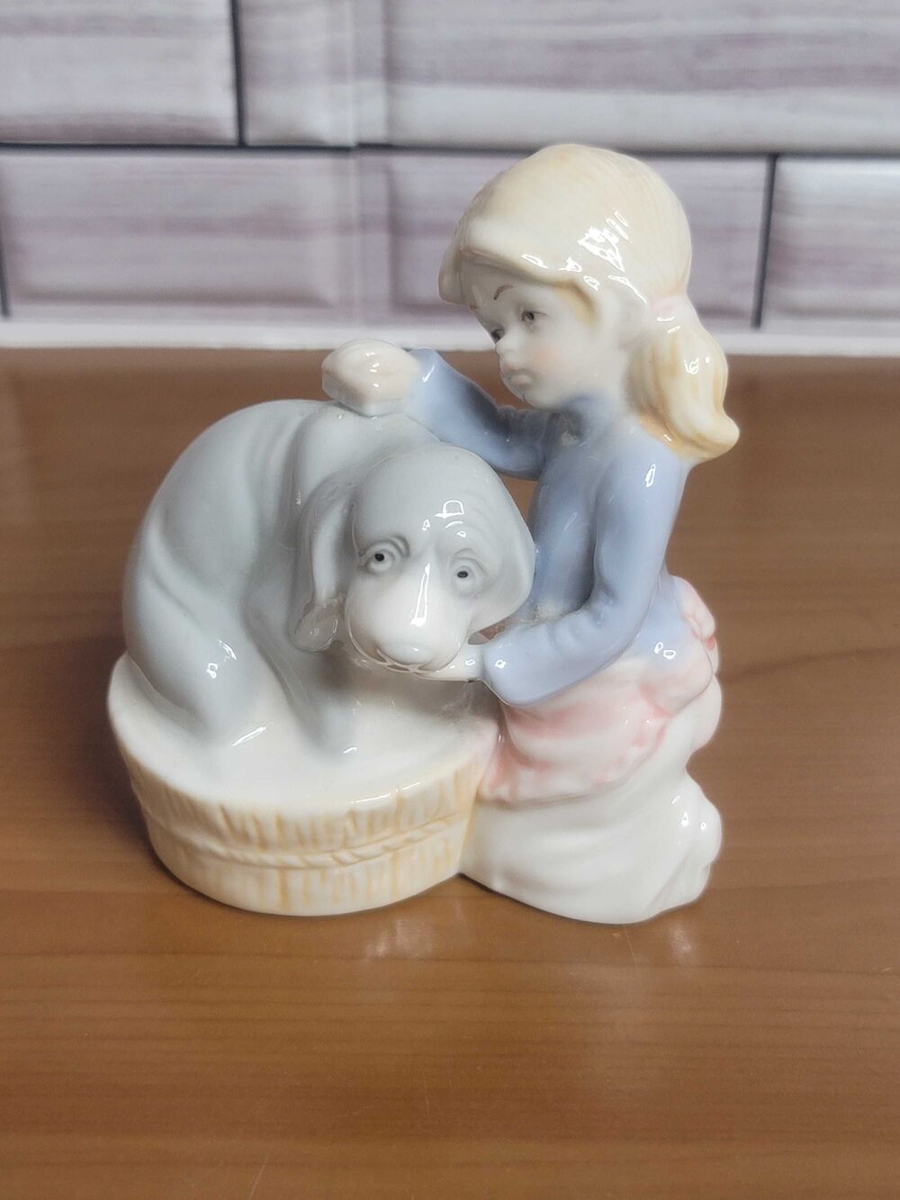 Vintage Porcelain Figurine Girl giving dog a bath